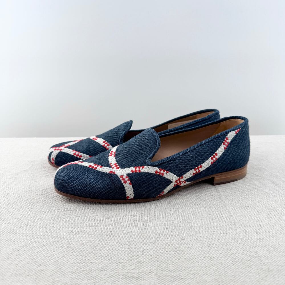 Stubbs & Wootton Embroidered Canvas Slip On Loafers Blue White Women's Size US 9